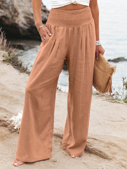 Damen Weite Leinenhose mit elastischem Bund und Falten EB