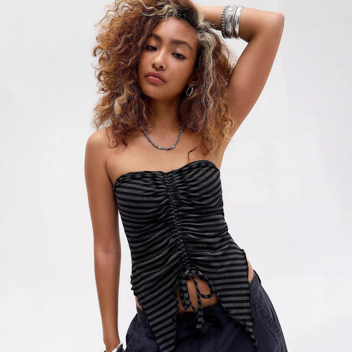 Damen gestreiftes Top mit Rüschendetails und modischem Bindeband EB