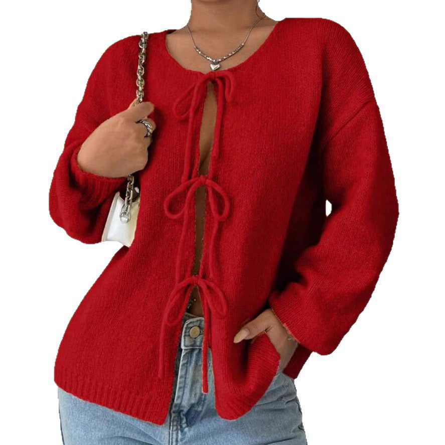 Damen Oversized Strickpullover mit dekorativem Schnürdetail EB