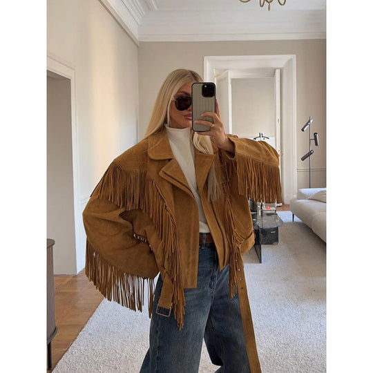 Damen Wildlederjacke mit Fransen und großzügigen Ärmeln EB