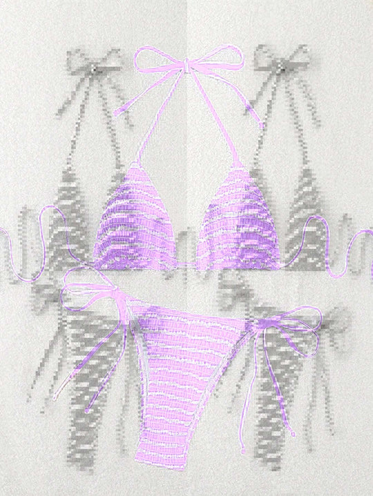 Damen Triangel-Bikini mit feinem Streifenmuster und raffinierten Bindebändern EB