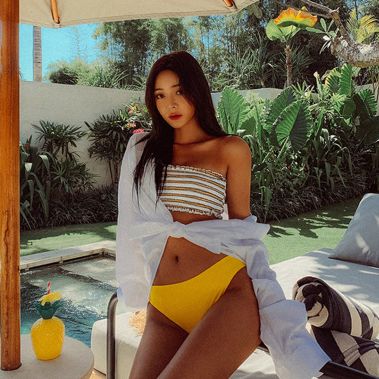 Damen Bandeau-Bikini-Set mit dekorativem Rüschendesign und hoch geschnittenem Unterteil EB
