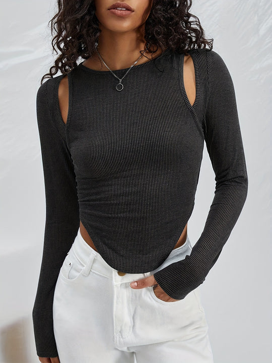 Damen Langarmshirt mit asymmetrischem Cut-Out und Rippstruktur EB