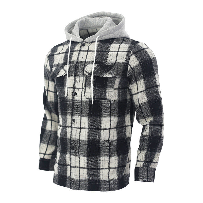 Herren Karierte Flanelljacke mit Hoodie und zwei Brusttaschen EB