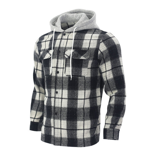 Herren Karierte Flanelljacke mit Hoodie und zwei Brusttaschen EB