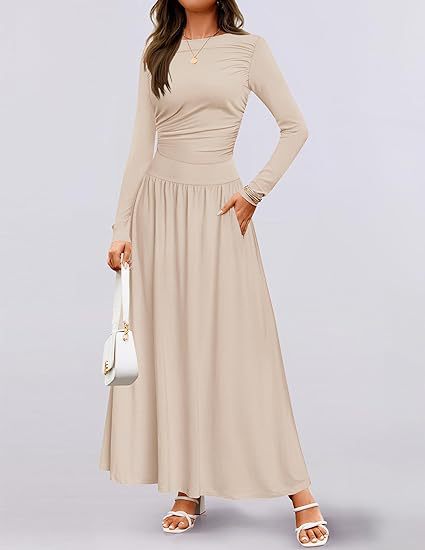 Damen Langärmliges Maxikleid mit eleganten Rüschendetails und praktischen Taschen EB