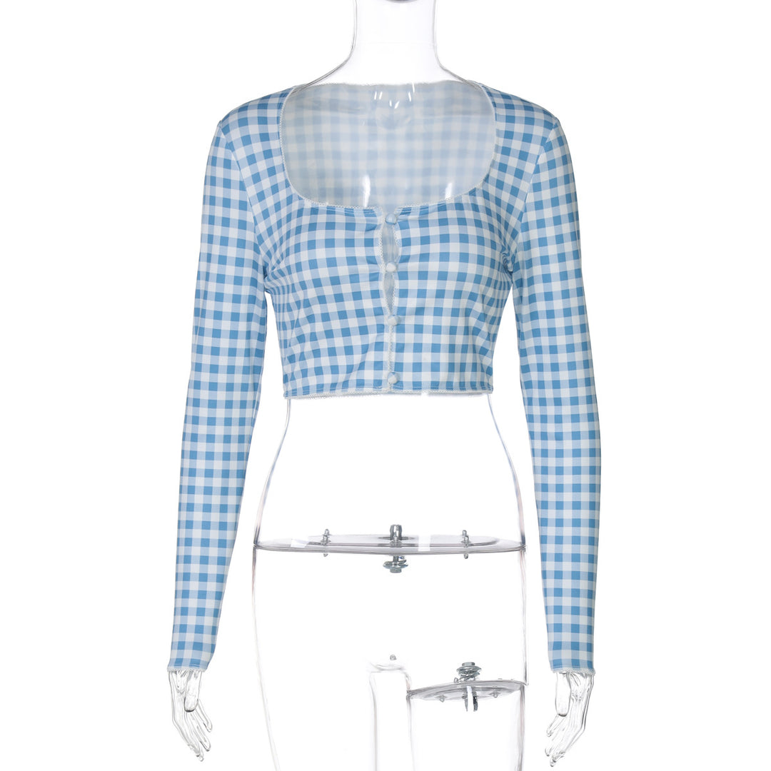 Damen cropped Langarmbluse mit Karomuster EB