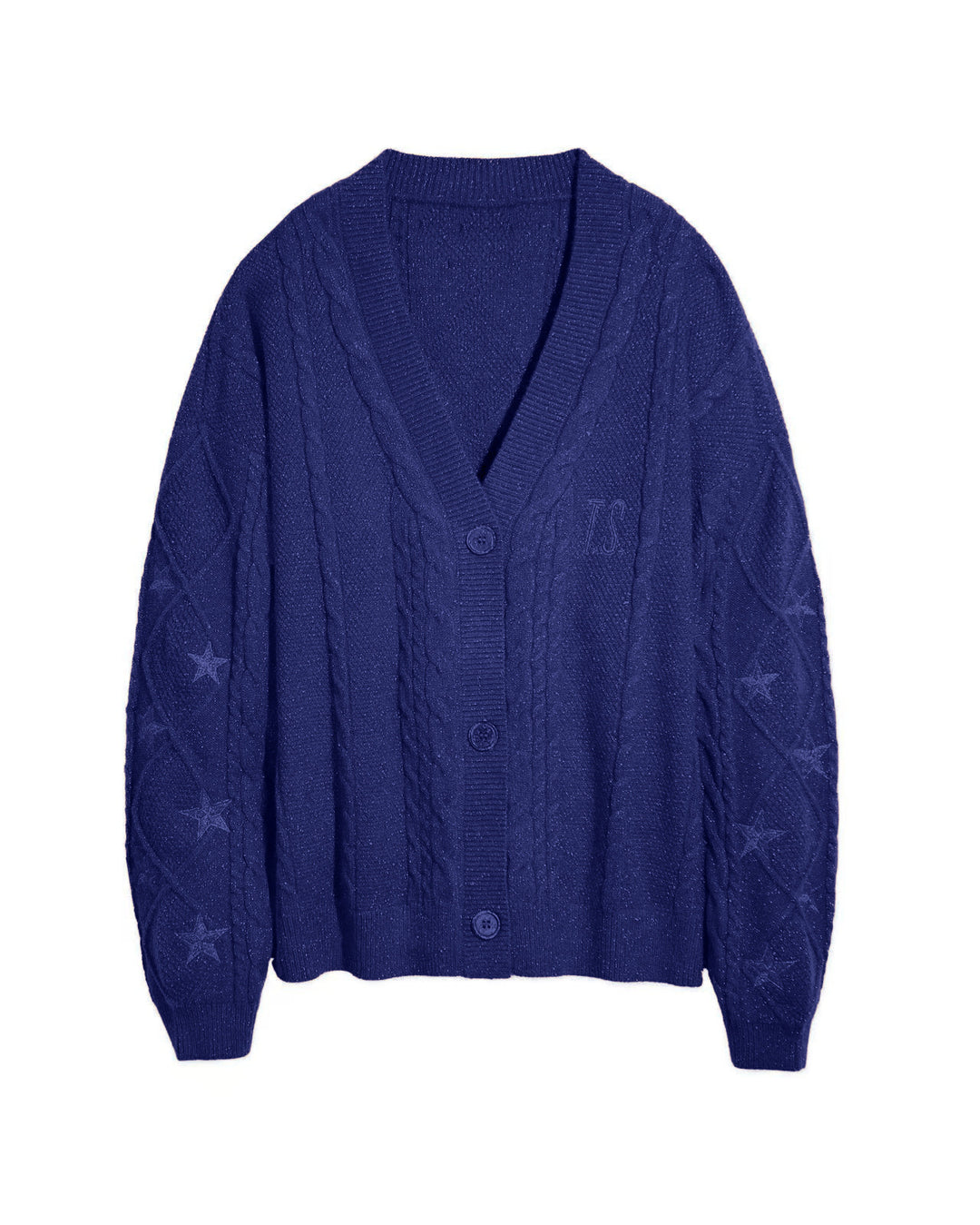 Damen nan großzügiger Grobstrick-Cardigan mit Zopfmuster, V-Ausschnitt und Sternstickereien EB