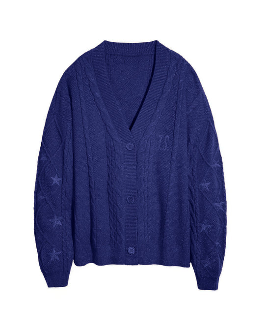 Damen nan großzügiger Grobstrick-Cardigan mit Zopfmuster, V-Ausschnitt und Sternstickereien EB