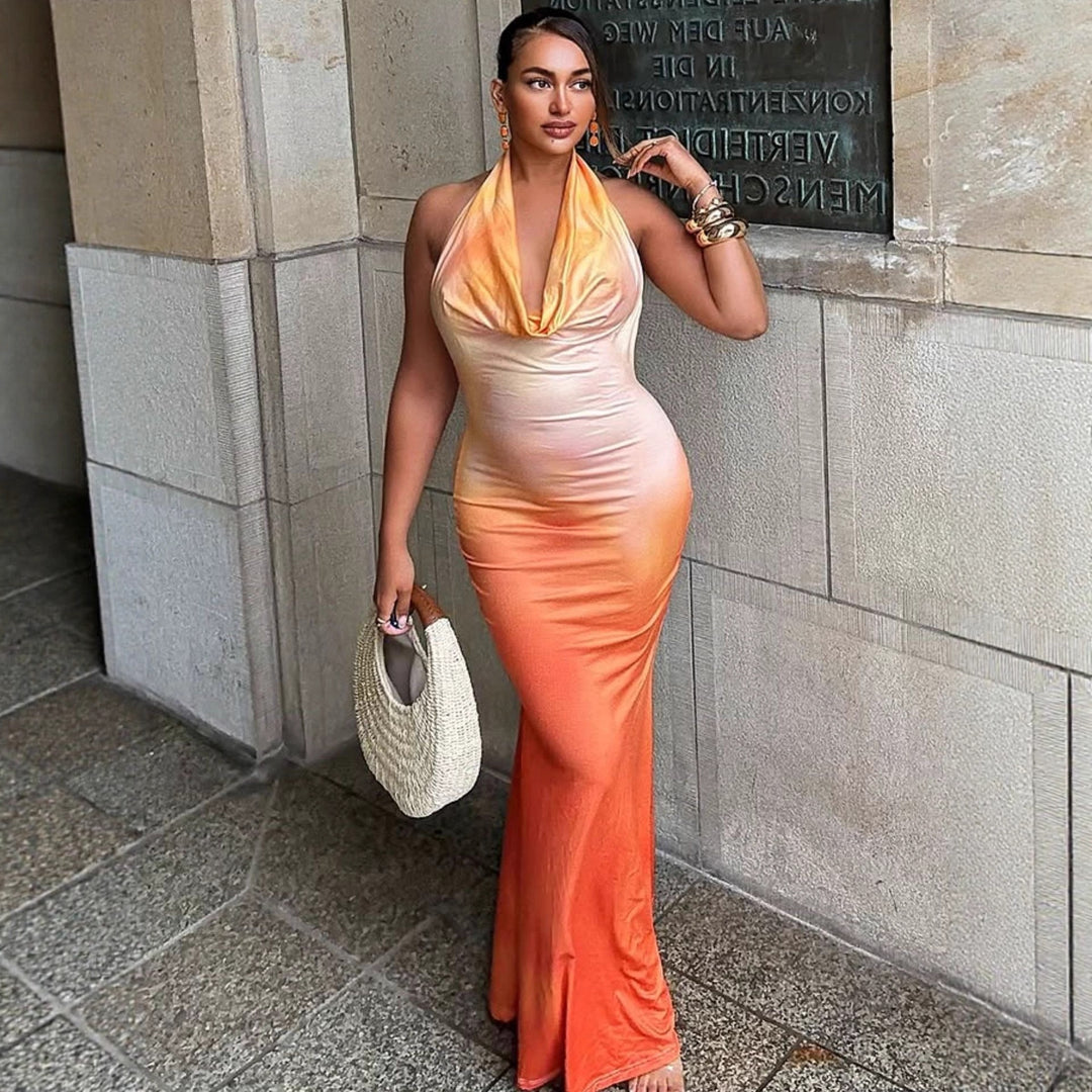 Damen Maxikleid mit schmeichelndem Watercolor-Effekt und tiefem V-Ausschnitt EB