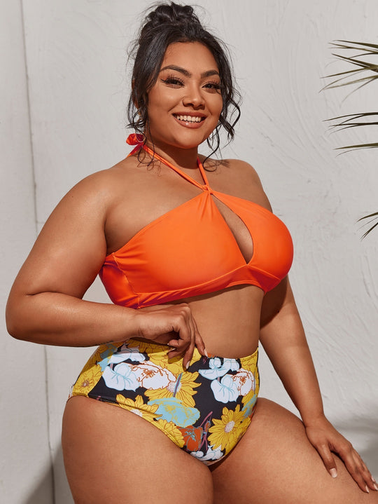 Damen Bikini-Set mit hoher Taille und verspieltem Blumenmuster EB