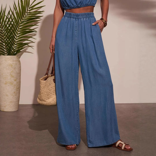 Damen Lässiges Oversized Jeans-Set mit geknotetem Oberteil und weiten Beinen EB