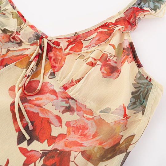Damen Maxikleid mit zarten Rüschen und floralem Muster EB
