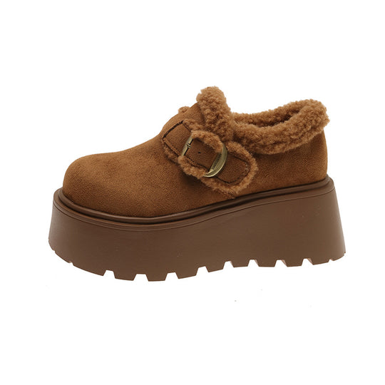 Damen Plüschige Slipper mit robustem Plateau und eleganter Schnalle EB