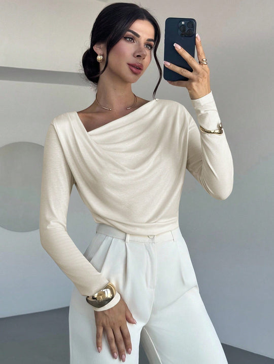 Damen elegantes drapiertes Langarm-Top mit Wasserfallkragen und taillierter Silhouette Eichborn Berlin