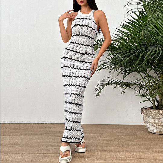 Damen Häkel Langkleid mit dekorativem Wellenmuster und figurbetonter Silhouette EB