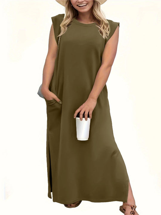 Damen Maxikleid mit schlichten Linien und modernen Schulterdetails EB