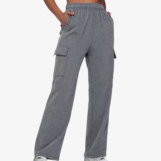 Damen nan lässige Cargo-Freizeithose mit weitem Bein elastischem Bund und aufgesetzten Taschen EB