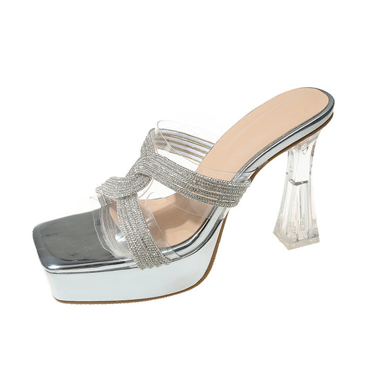 Damen Glamouröse Plateau-Sandalen mit transparentem Blockabsatz EB