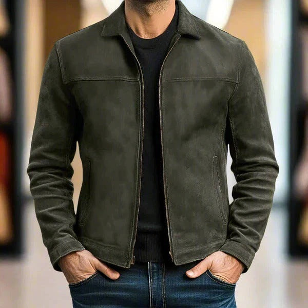 Herren Vintage Velourslederjacke mit schmaler Passform und Reißverschluss EB