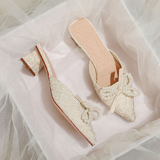Damen elegante Mules mit perlenverziertem Schleifendetail EB