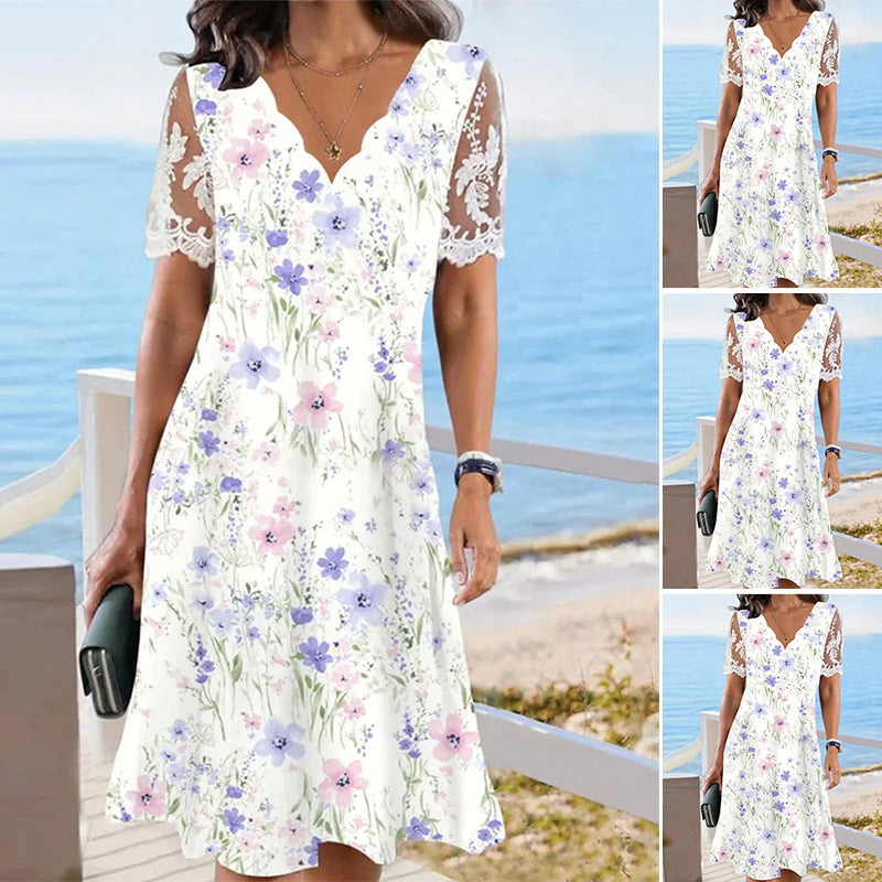 Damen Freizeitkleid mit romantischem Blumenmuster und Spitzendetails Heidi-Mode