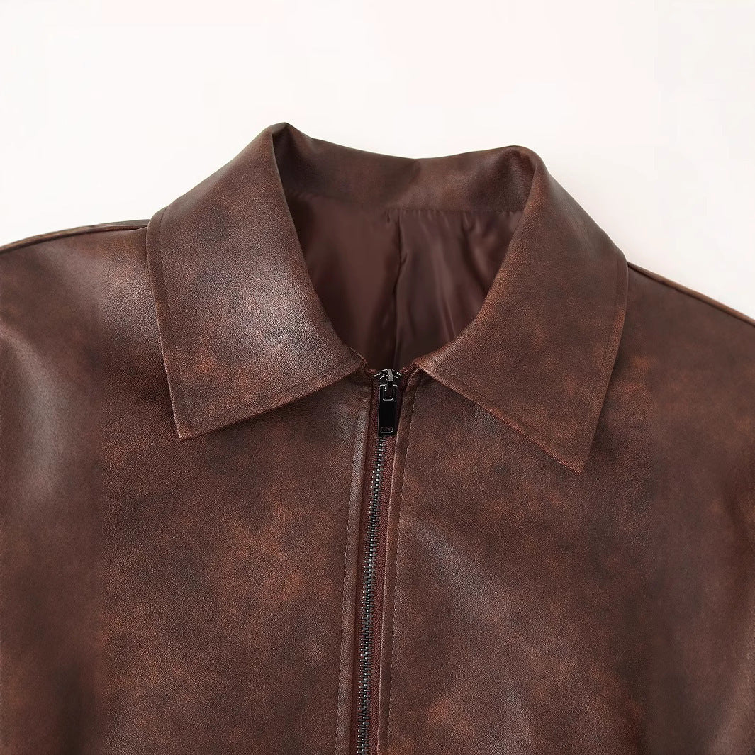 Damen cropped Kunstlederjacke mit stylischem Stehkragen und Reißverschlusstaschen EB