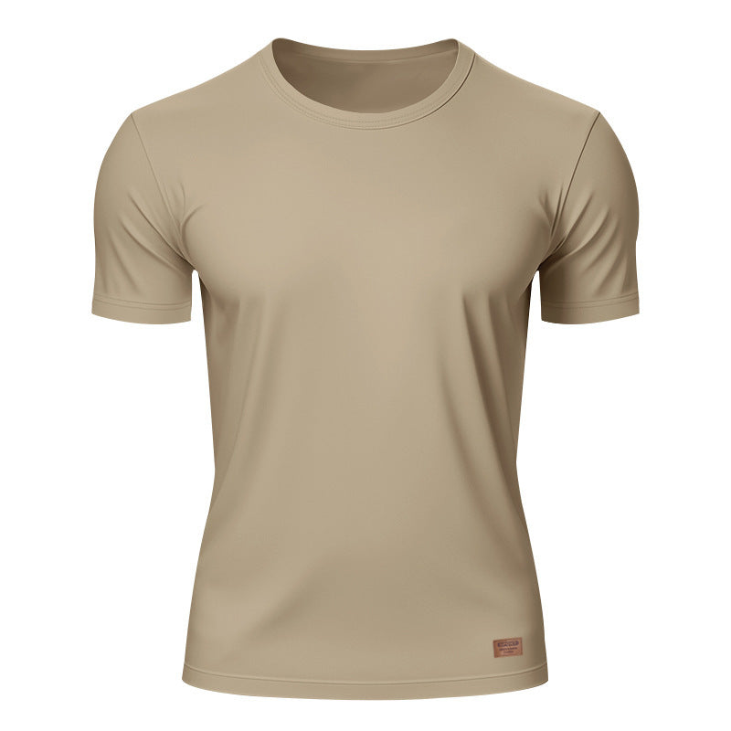 Herren nan schlankes Rundhals-T-Shirt aus glattem Stretchjersey mit dezenter Leder-Logoapplikation EB