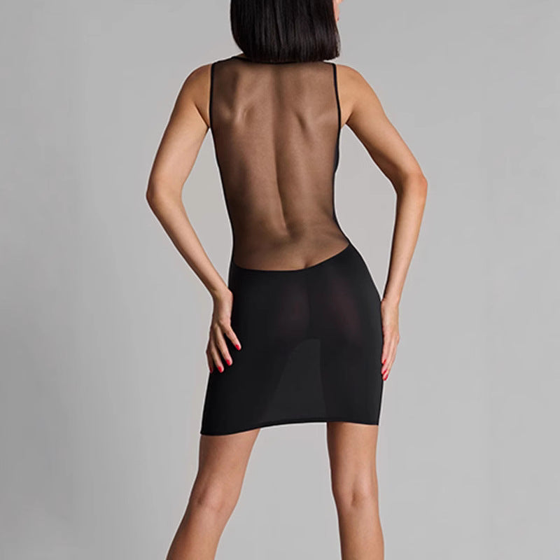 Damen figurbetontes Minikleid mit tiefem V-Ausschnitt und transparentem Mesh-Einsatz EB