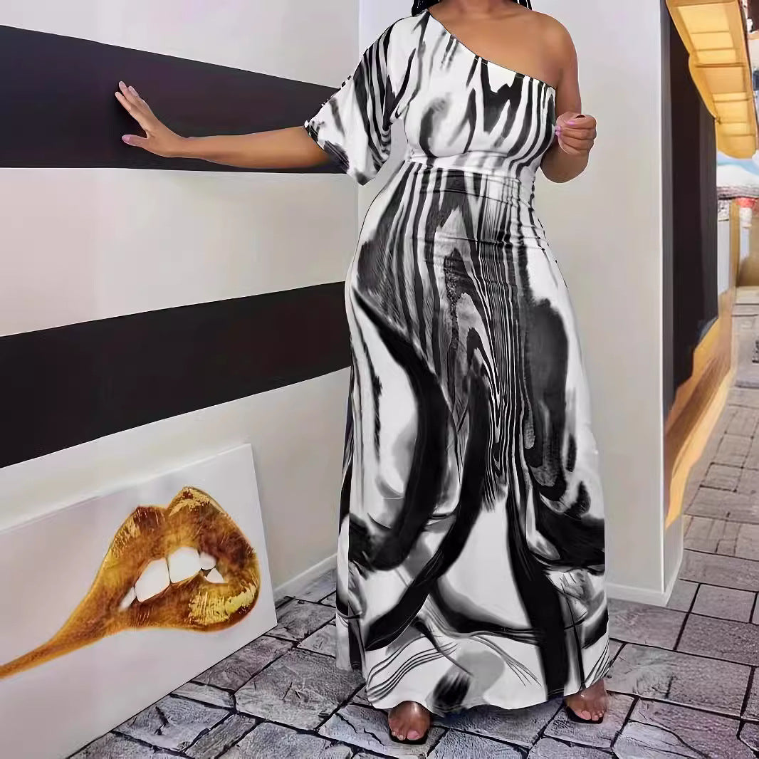 Damen Maxikleid mit asymmetrischem Ausschnitt und modernem Wellenmuster EB