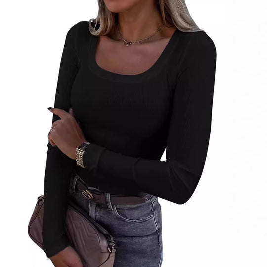 Damen Langarm Ripp-T-Shirt mit elegantem U-Boot-Ausschnitt EB