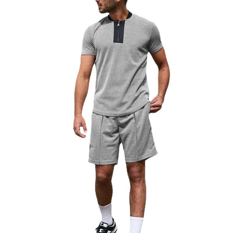 Herren Sportliches Kurzarm-T-Shirt mit Reißverschluss und Joggingshorts EB