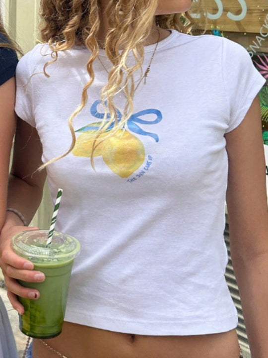 Damen Crop-T-Shirt mit kreativem Früchte-Design und figurbetontem Schnitt EB