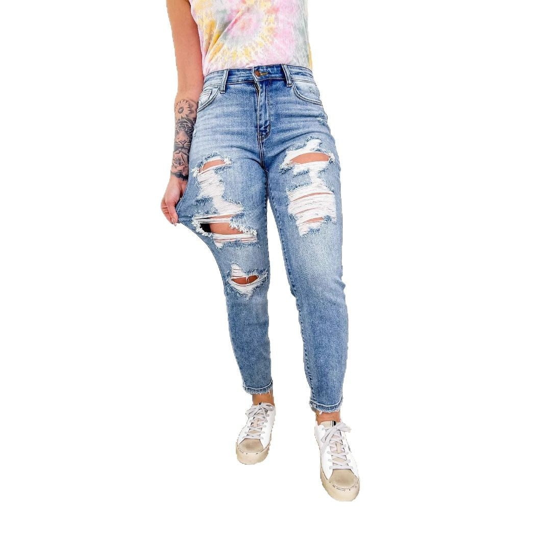 Damen Skinny Jeans mit modischem destroyed Look und elastischem Bund EB