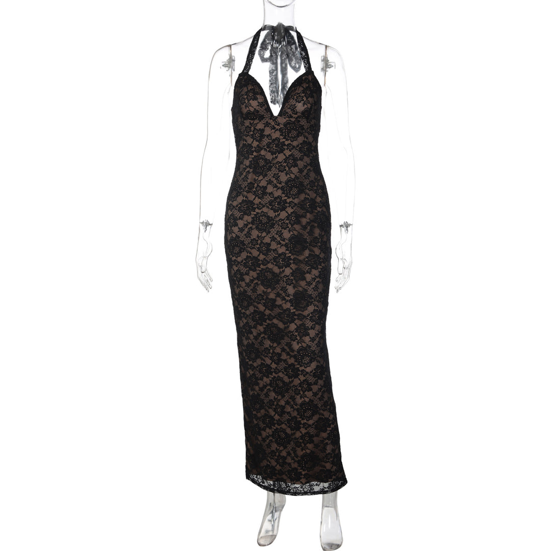 Damen Langes Spitzenkleid mit tiefem V-Ausschnitt und Halter-Design EB