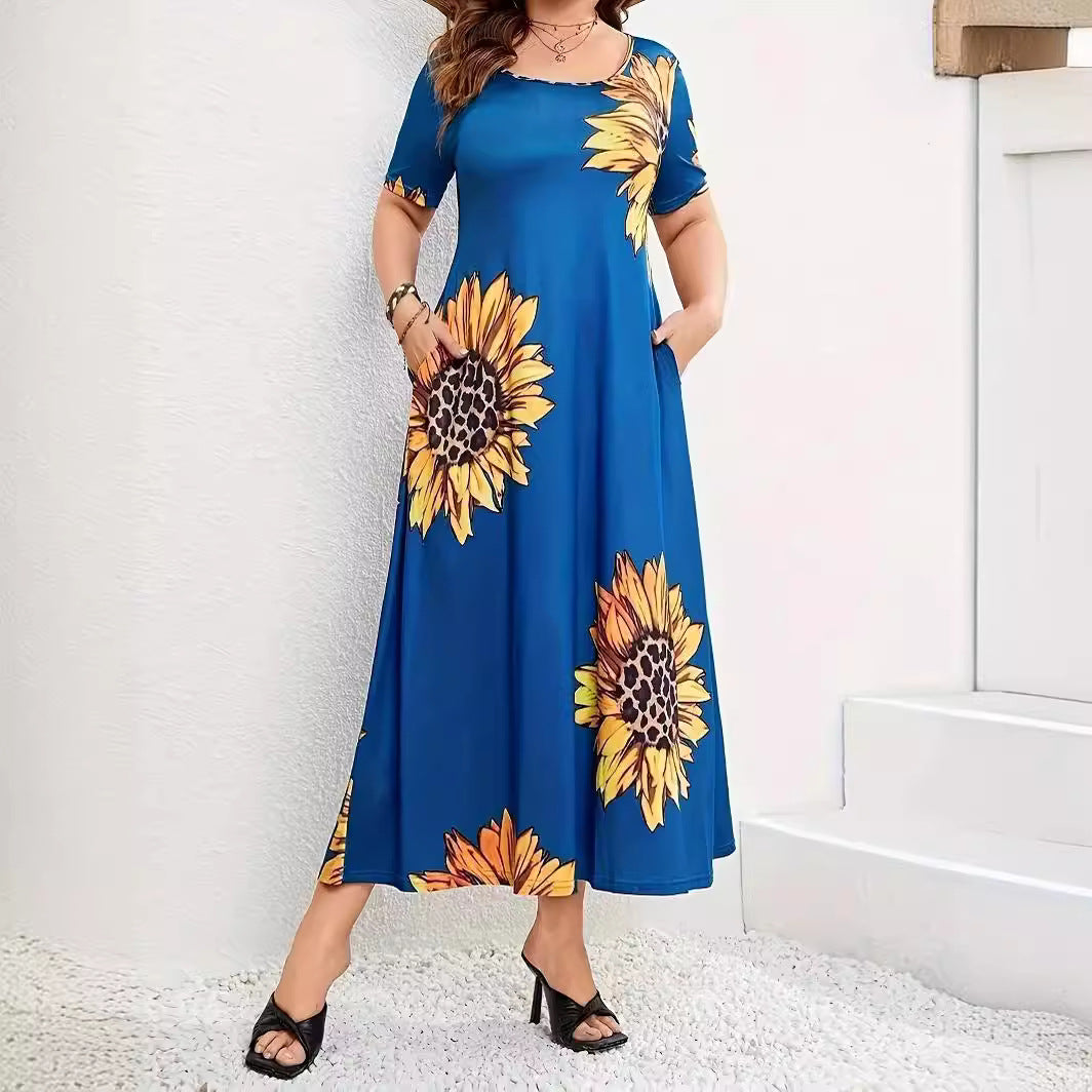Damen Sommerliches Maxikleid mit floralem Sonnenblumenmuster und praktischen Taschen EB