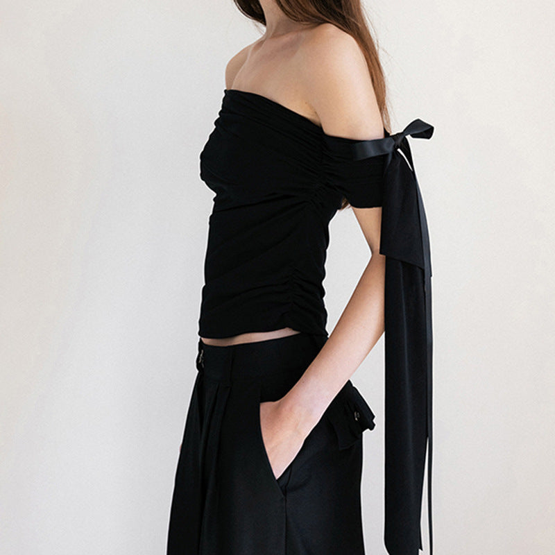 Damen Off-Shoulder Oberteil mit Rüschendetails und transparentem Ärmel EB