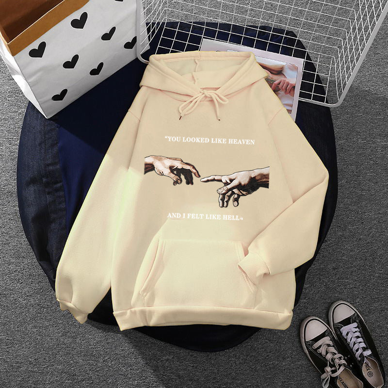 Damen nan Oversize Kapuzenpullover mit Kängurutasche und Renaissance‑Handmotiv, weiches Fleece Innenfutter EB