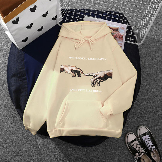 Damen nan Oversize Kapuzenpullover mit Kängurutasche und Renaissance‑Handmotiv, weiches Fleece Innenfutter EB