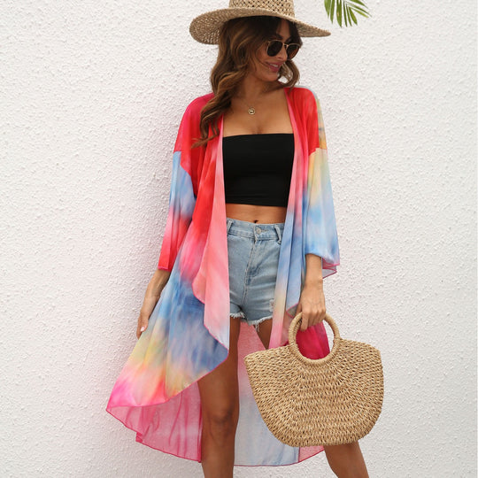 Damen eleganter Strandkimono mit buntem Tie-Dye-Design EB
