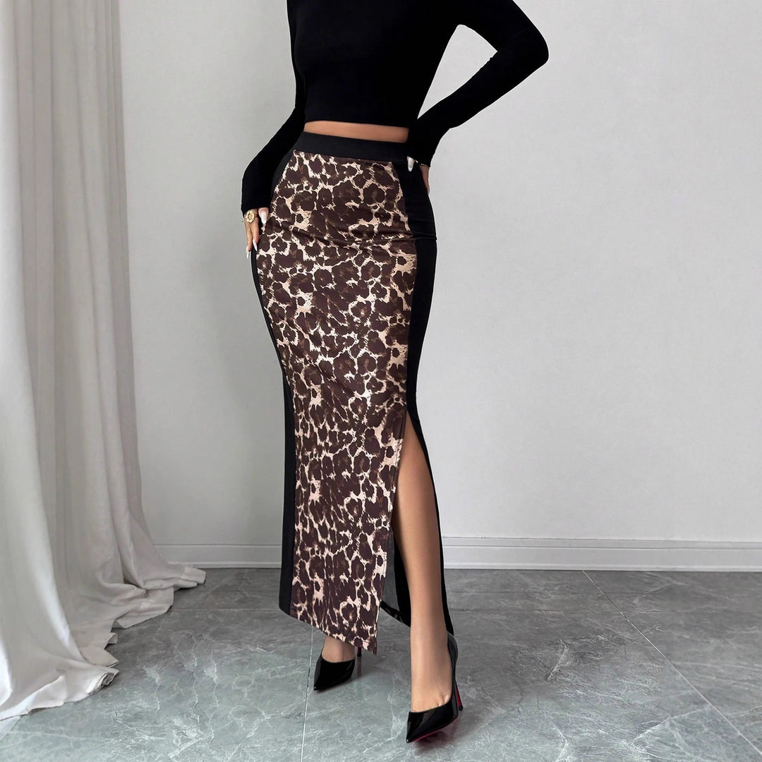 Damen nan taillierter Bleistiftmidirock mit Animal-Print-Mittelbahn und seitlichem Oberschenkel-Schlitz EB