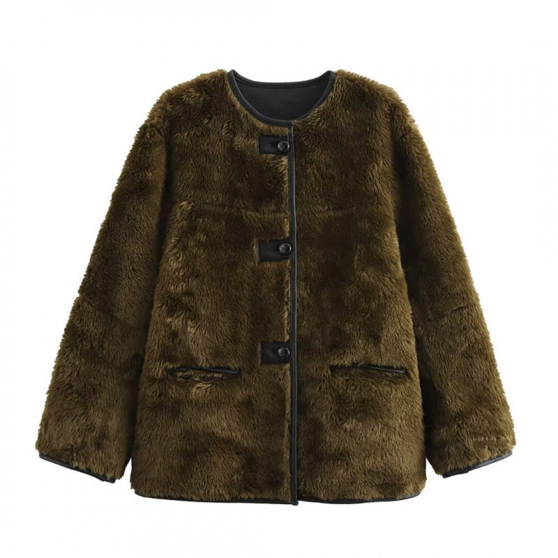Damen Teddyjacke mit kontrastierenden Taschen und Knopfdetails EB