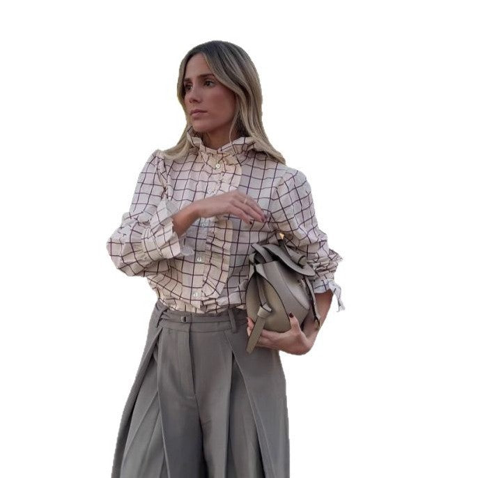 Damen Karobluse mit Rüschendetails und Knopfverschluss EB