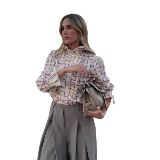 Damen Karobluse mit Rüschendetails und Knopfverschluss EB
