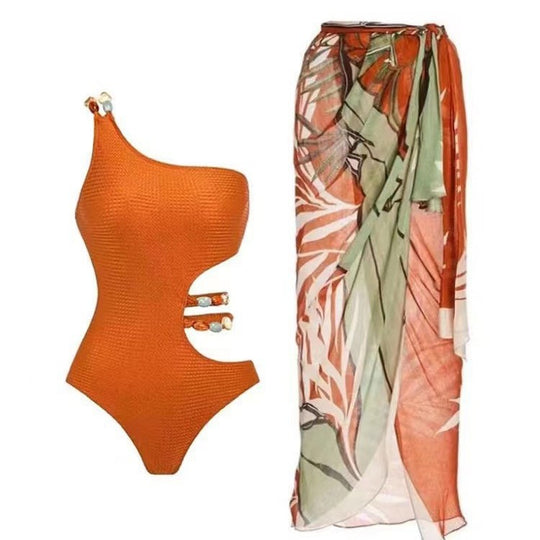 Damen Einteiler Badeanzug mit asymmetrischem Schnitt und floralem Wickelrock EB