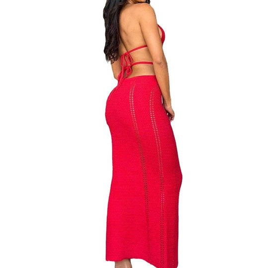Damen Häkel-Maxikleid mit Cut-Outs und Neckholder EB