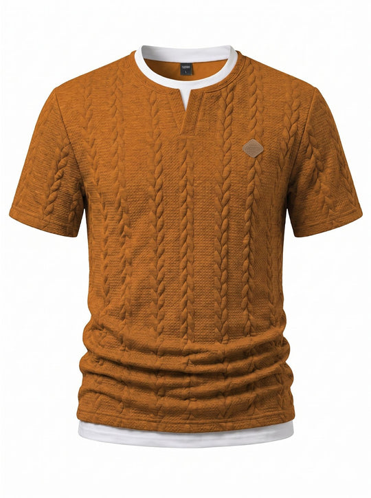 Herren nan texturiertes Kurzarmshirt mit geprägter Zopfstruktur, V‑Einsatz am Rundhals und Lagenlook EB