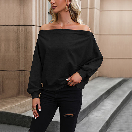 Damen lässiges Off-Shoulder Sweatshirt mit dekorativen Knöpfen EB