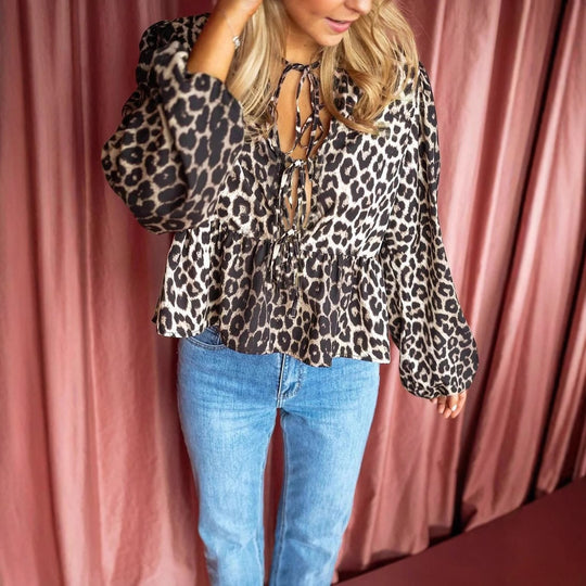Damen Bluse mit Leopardenprint, Bindebändern und Ballonärmeln EB