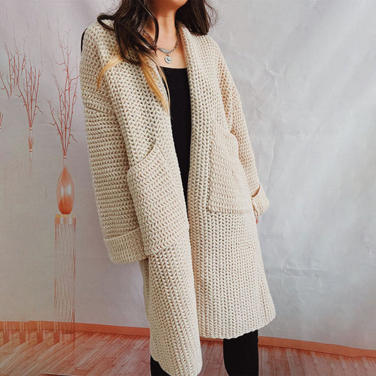 EB | Lange Strickjacke mit Taschen Chunky Strick Weiche und Lässige Silhouette